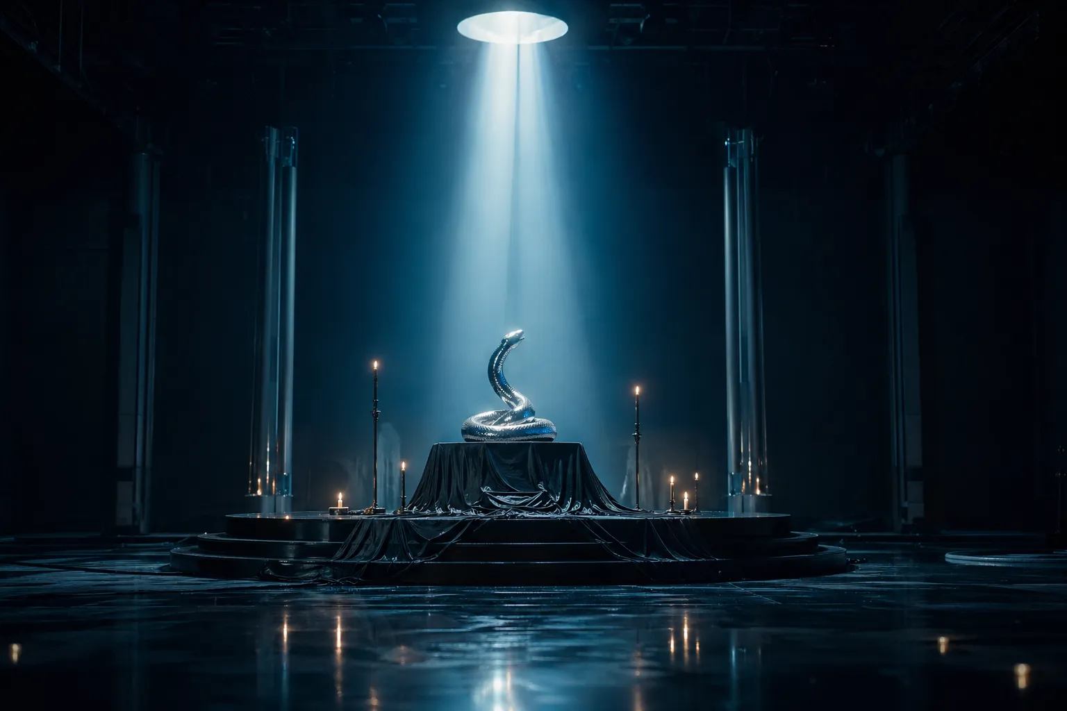 A dark fictional ritual set with an altar, serpent sculpture, and rebirth-themed cinematic lighting.