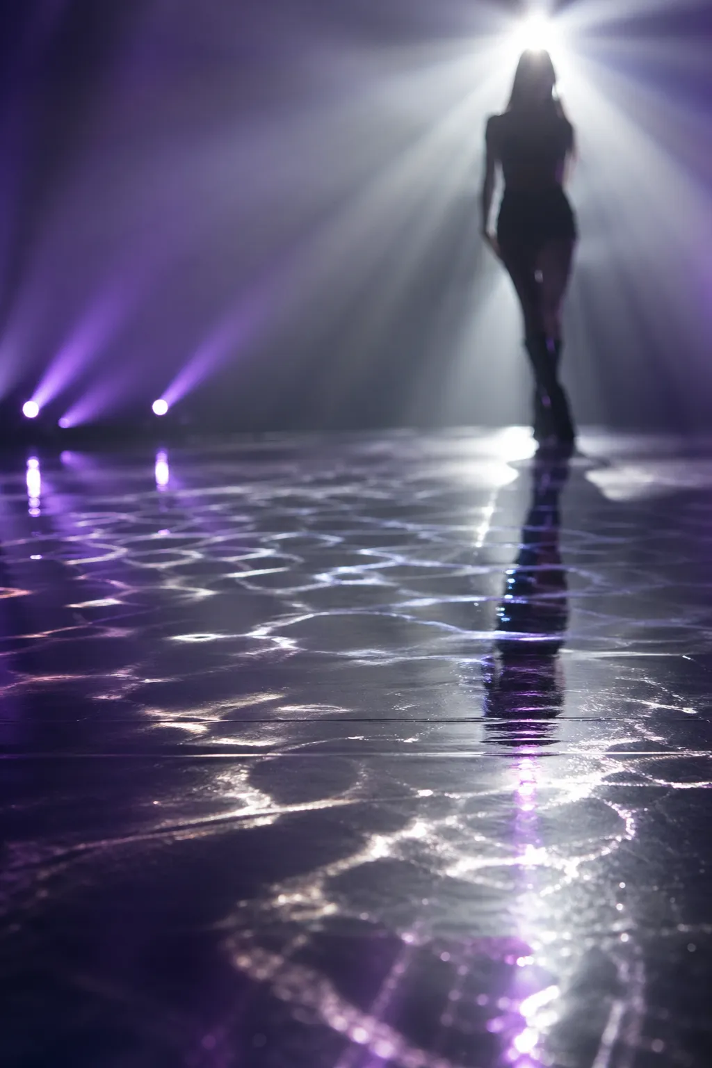 A faceless dancer silhouette on a glossy K-pop stage with cinematic violet lighting.