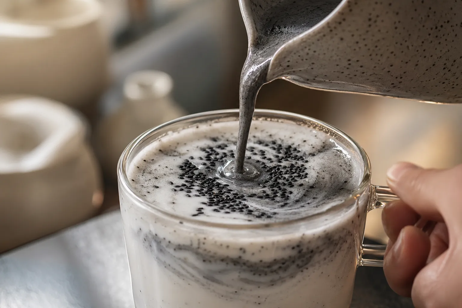 Close-up of black sesame cream swirling into a latte on a modern Korean cafe counter