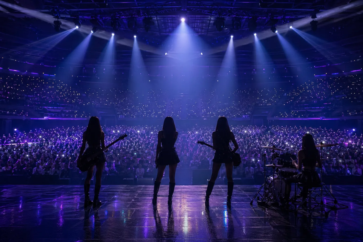 Girl band silhouettes performing to a blurred Seoul concert crowd with cinematic comeback energy.