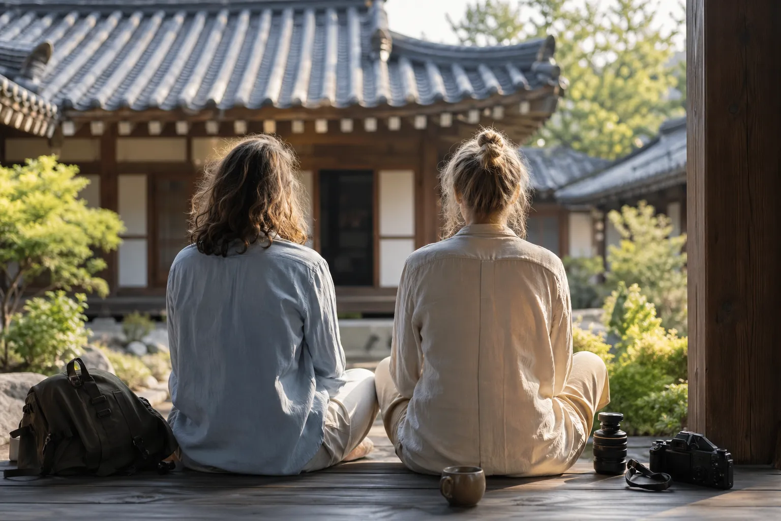 Foreign creators resting in a peaceful Korean heritage setting during K-culture tourism.