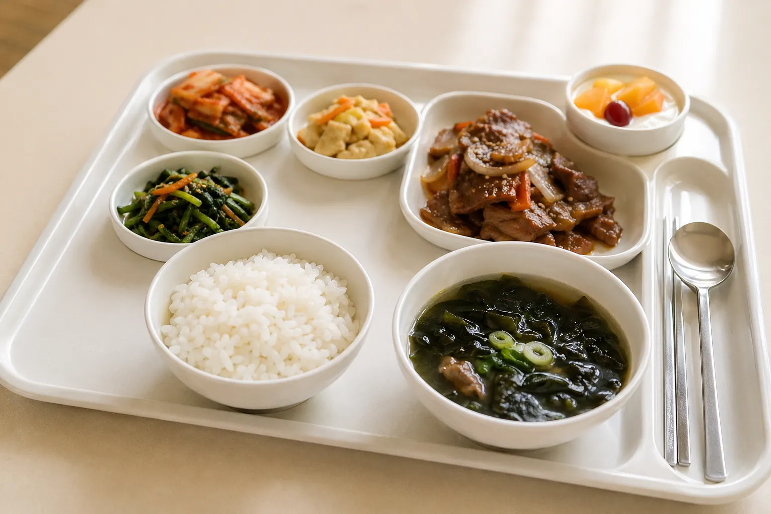 Close-up of a Korean school lunch with rice, soup, side dishes, protein and dessert.