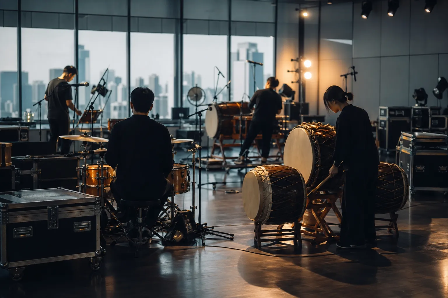 Anonymous performers rehearsing in a Seoul studio with Korean percussion and stage equipment, evoking upcoming global tour activity.