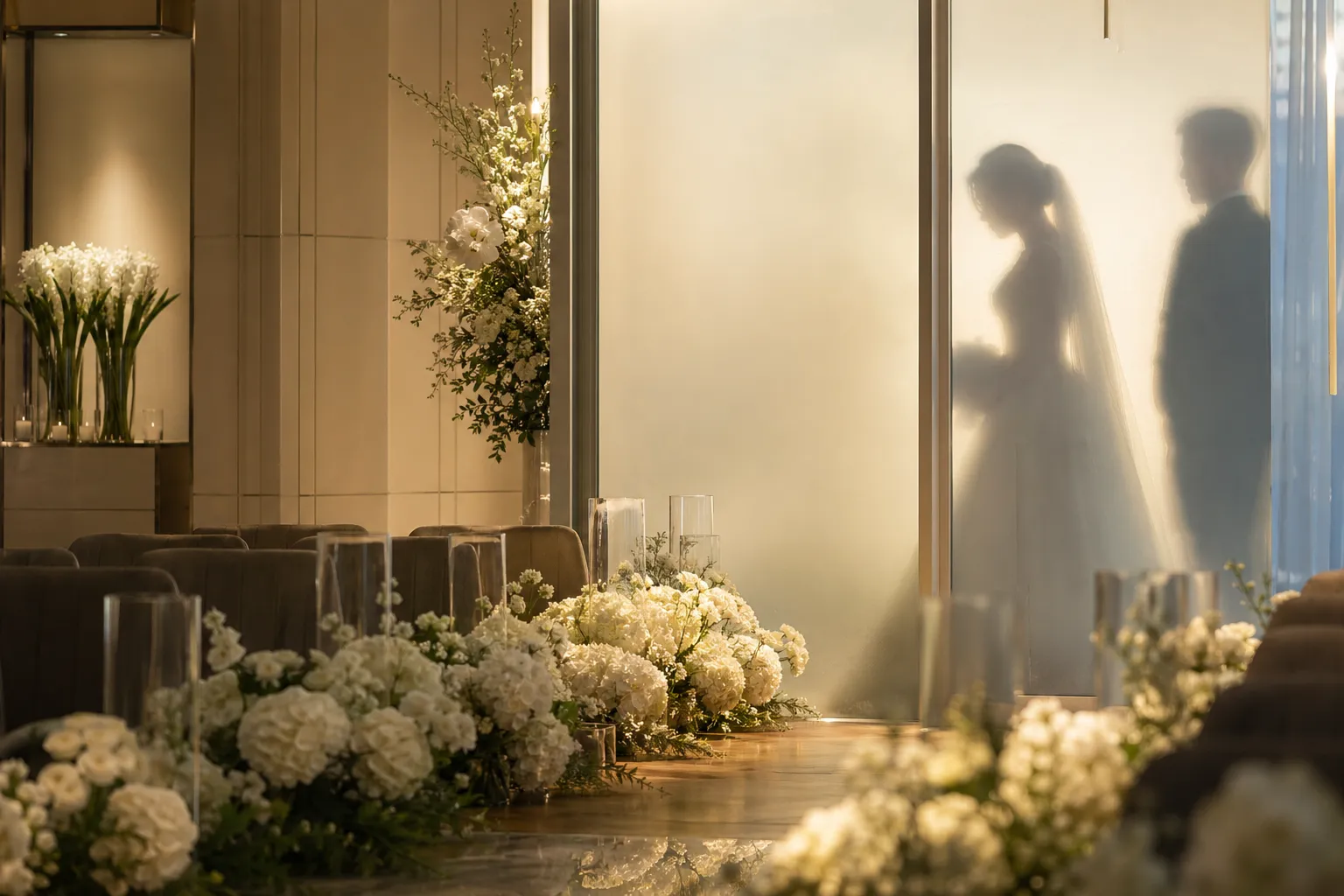 Anonymous bride and groom silhouettes in a modern Seoul wedding hall, emphasizing privacy and discretion after a photo leak.