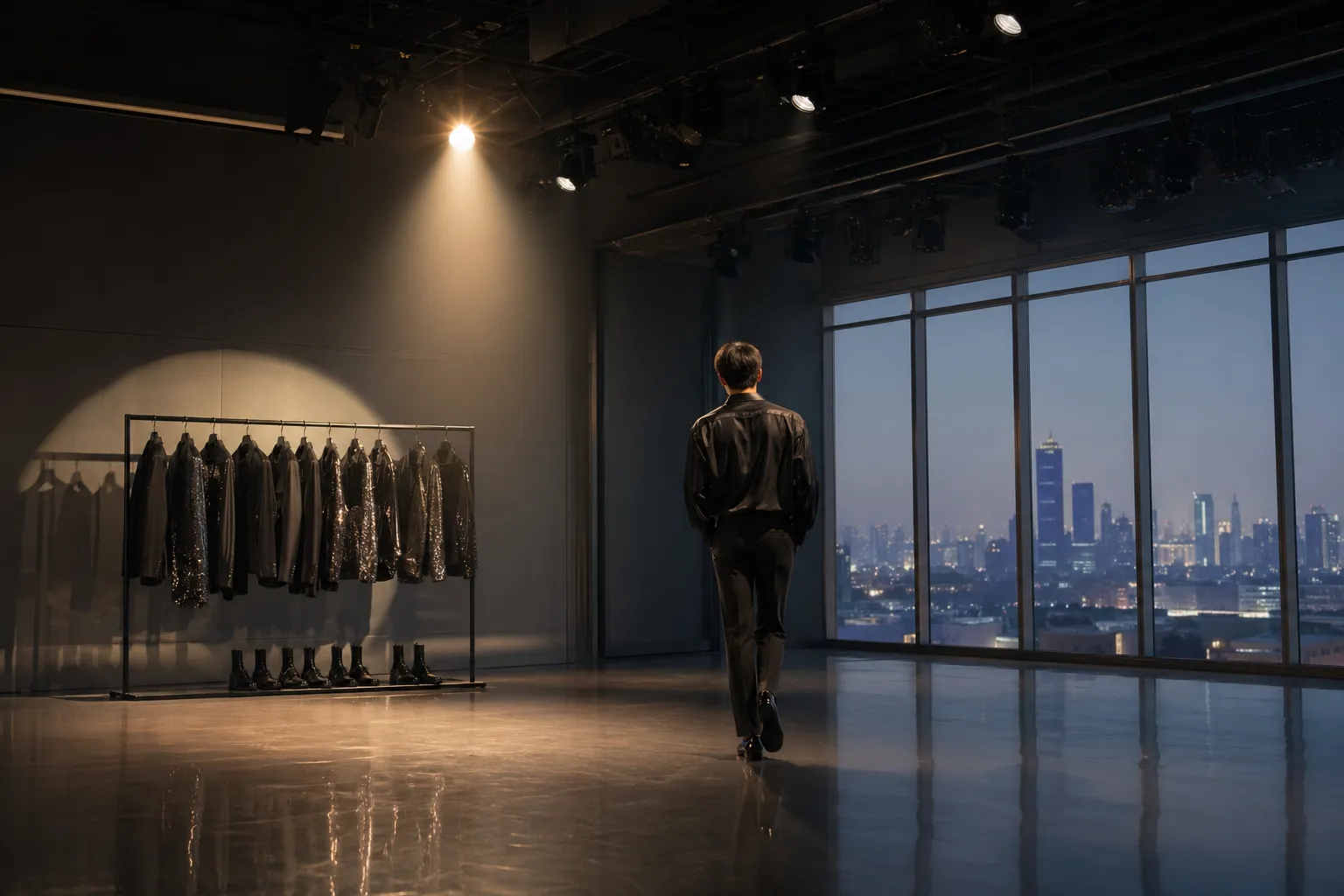 An empty K-pop rehearsal stage with a hidden-face performer walking toward a solo comeback spotlight.