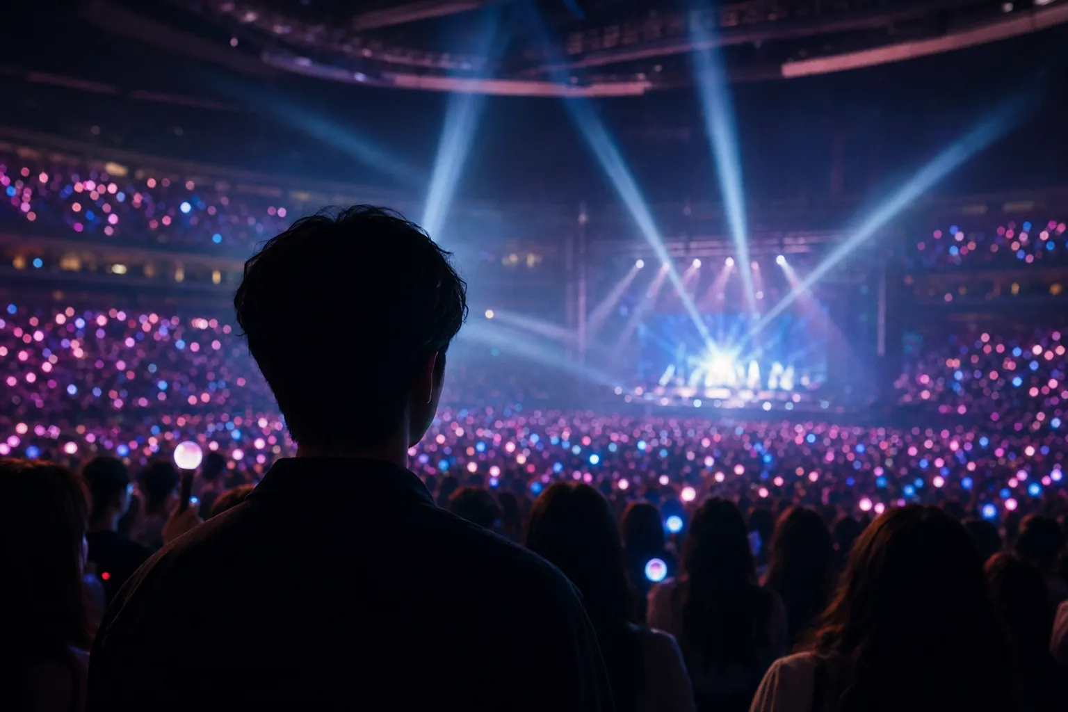 A Seoul K-pop concert crowd with an anonymous male silhouette watching from the foreground.