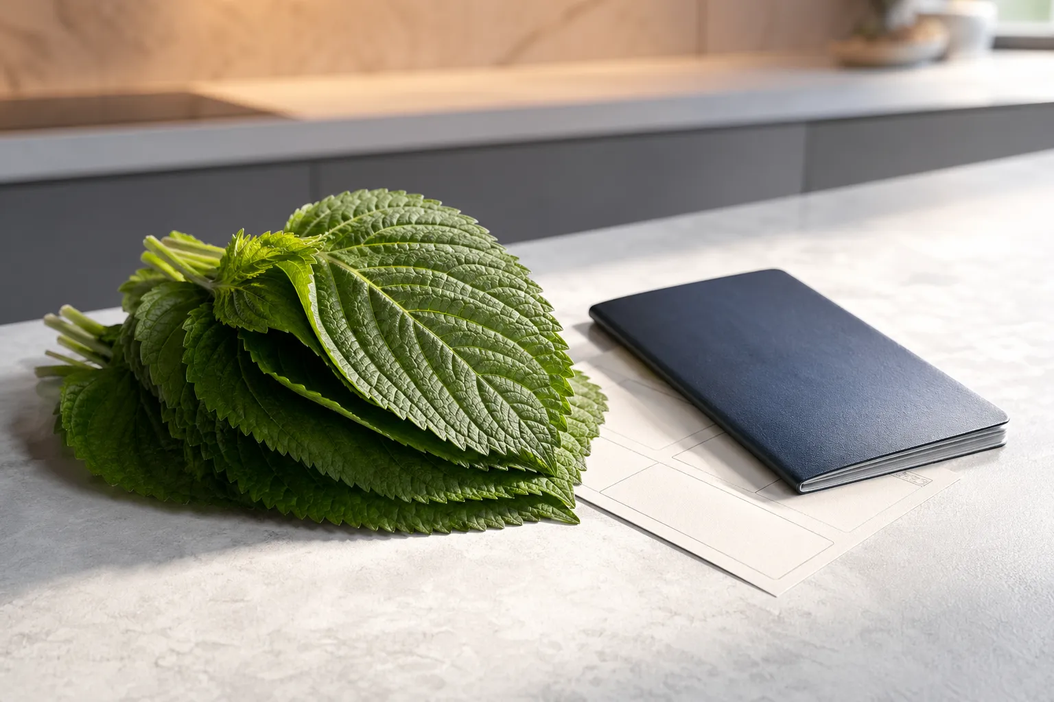 Perilla leaves arranged with travel documents, representing agricultural import limits and declaration requirements.