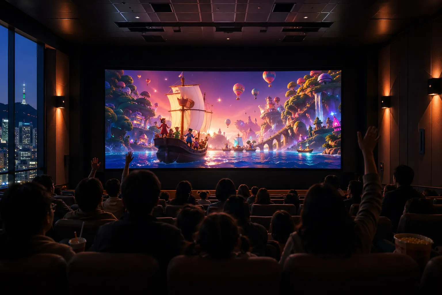 Families watching a colorful animated musical adventure in a modern cinema.