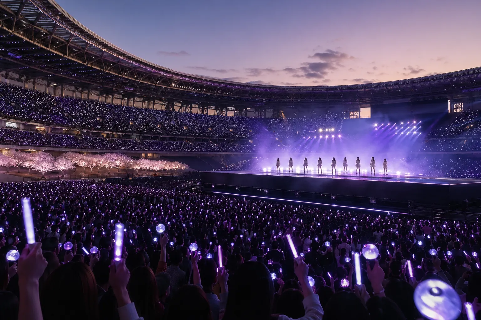 Large stadium crowd with glowing light sticks watching distant K-pop performers in Tokyo