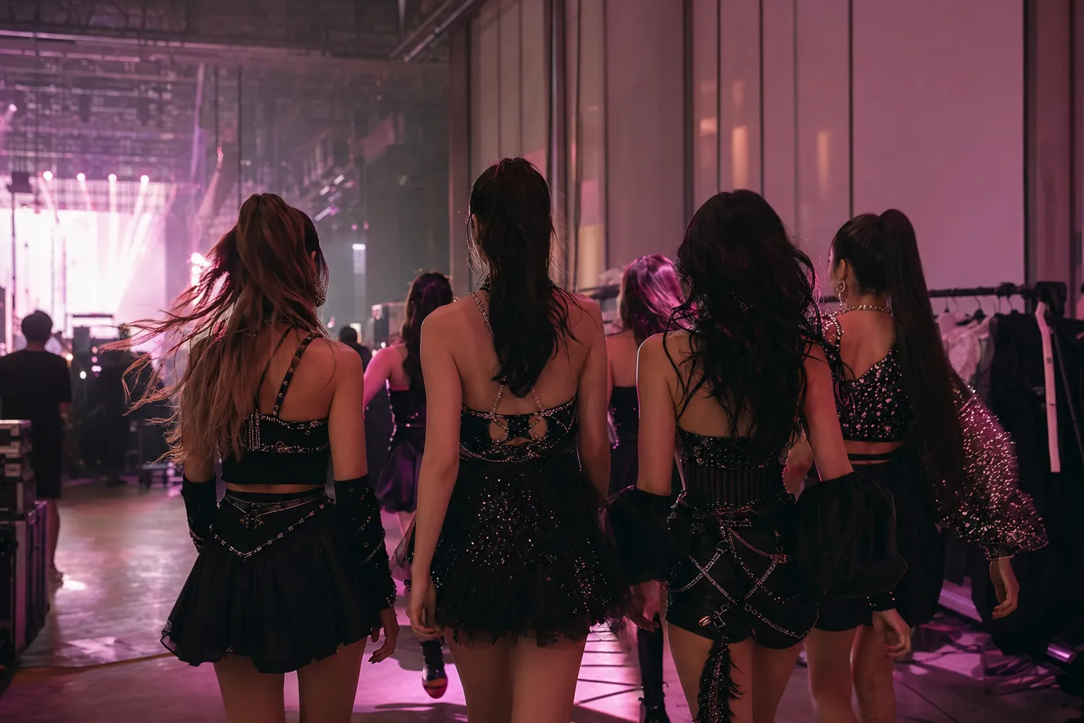 Stylish performers move through a pink-lit backstage corridor in Seoul after a major pop moment.