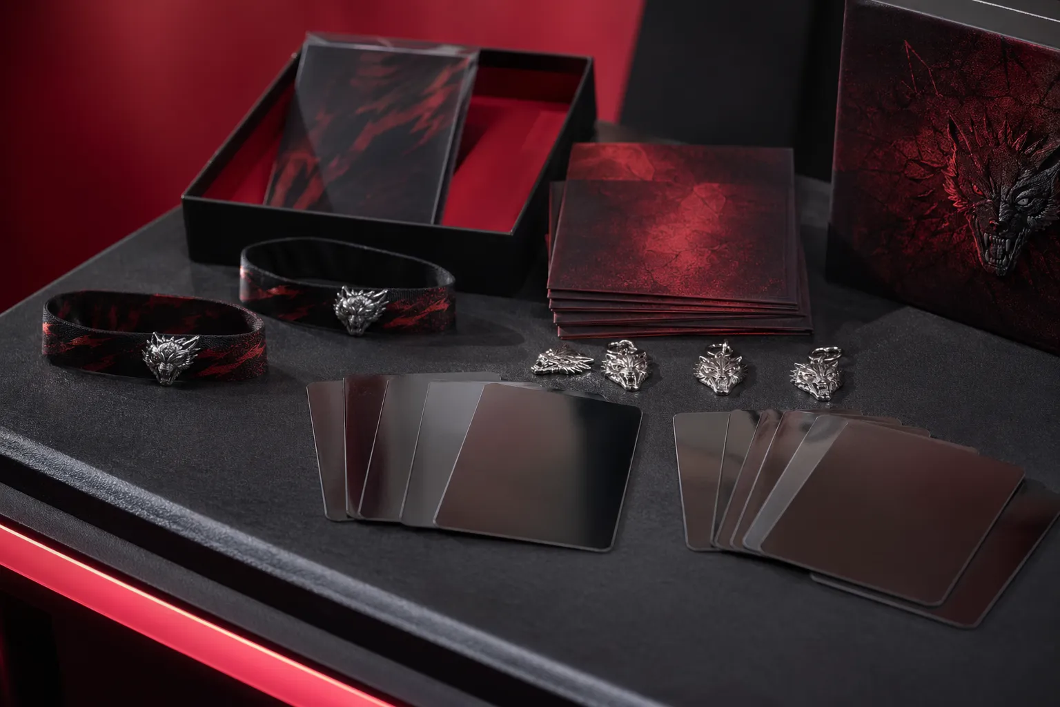 Close-up of werewolf-themed fan mission rewards arranged on a sleek event counter.