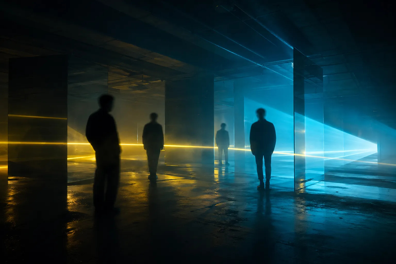 Futuristic Seoul performance space with blurred silhouettes and lemon-yellow teaser lighting