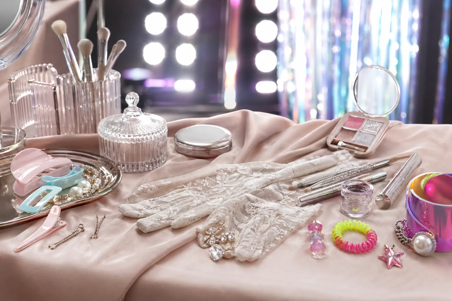 A K-pop dressing table still life showing pastel innocent accessories beside vivid experimental stage styling.