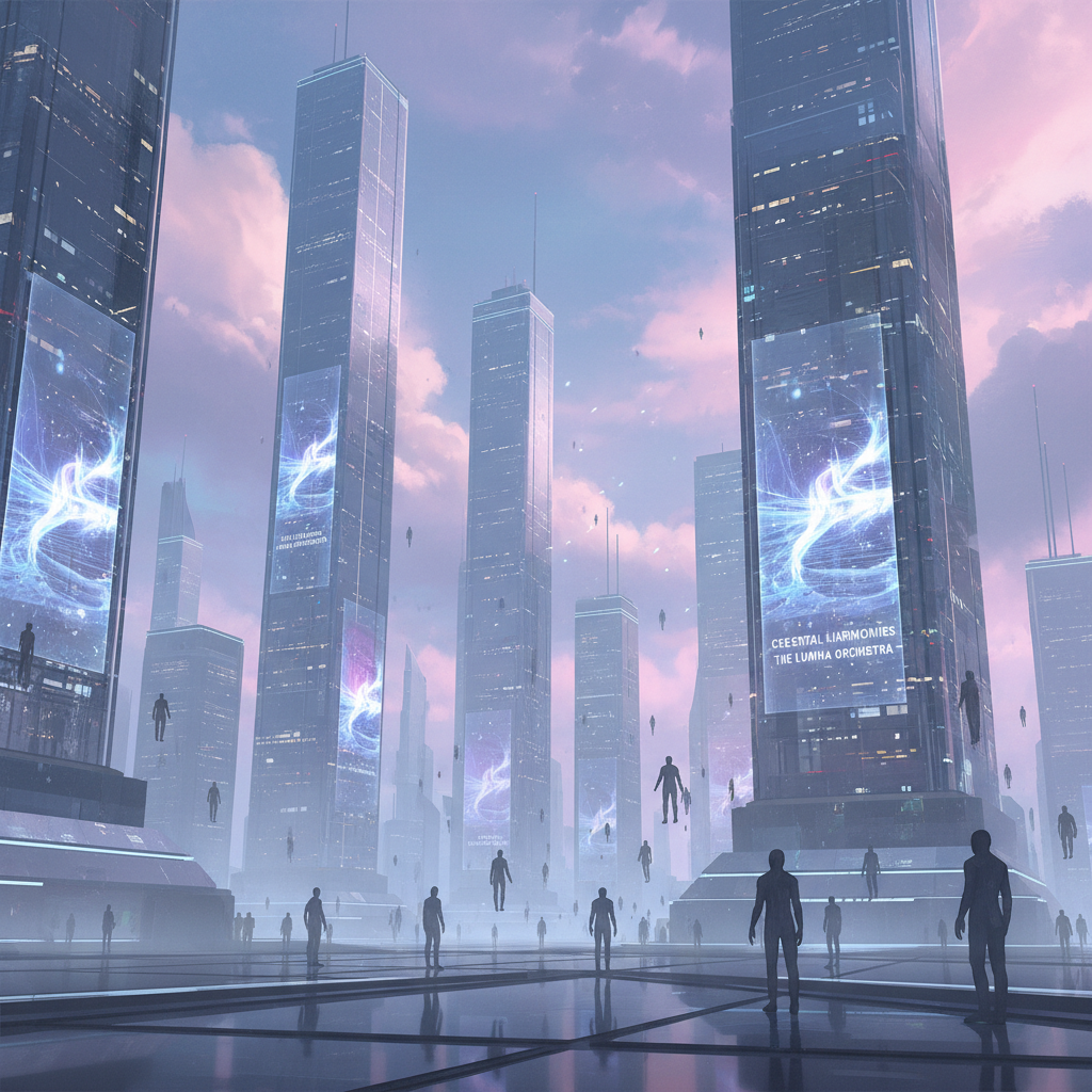 Supporting image of a futuristic city concert atmosphere with holographic ads and faceless avatars