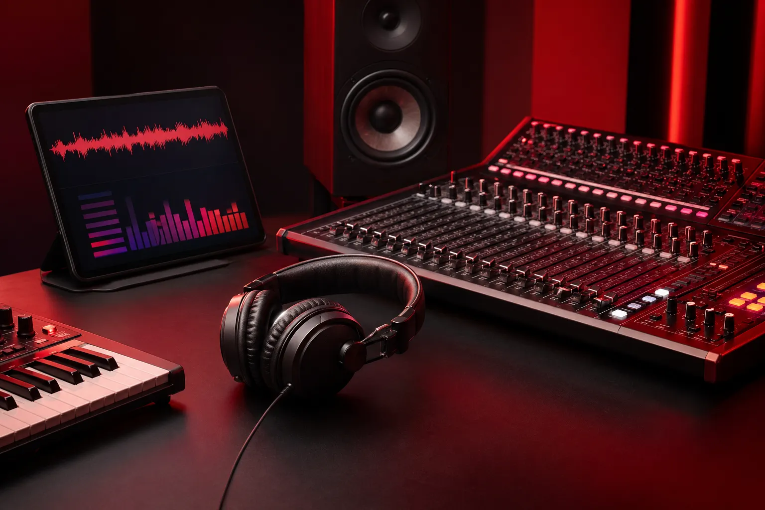 A red-lit music production setup with abstract streaming visuals, evoking the song’s rise on global daily charts.