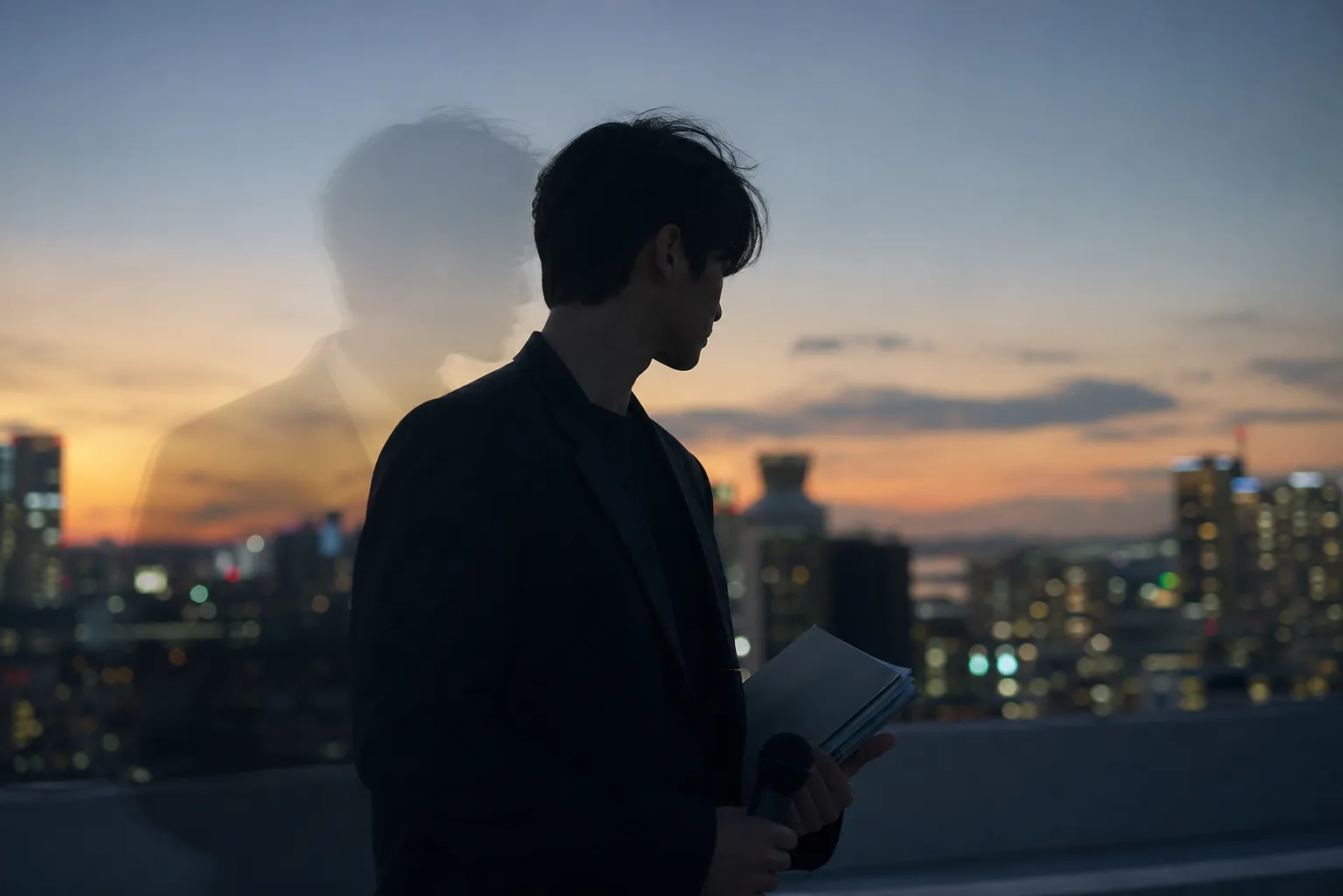 A faceless idol-actor silhouette on a Seoul rooftop suggests a time-slip growth story tied to music and debut dreams.