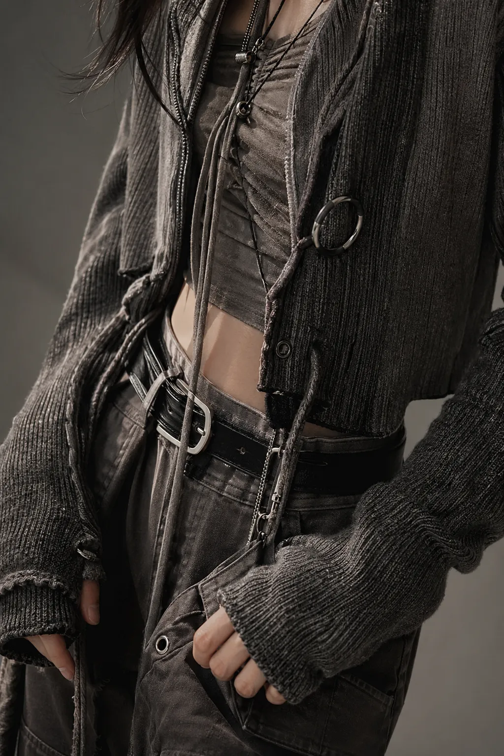 Close-up detail of muted layered Acubi fashion textures and modular accessories.