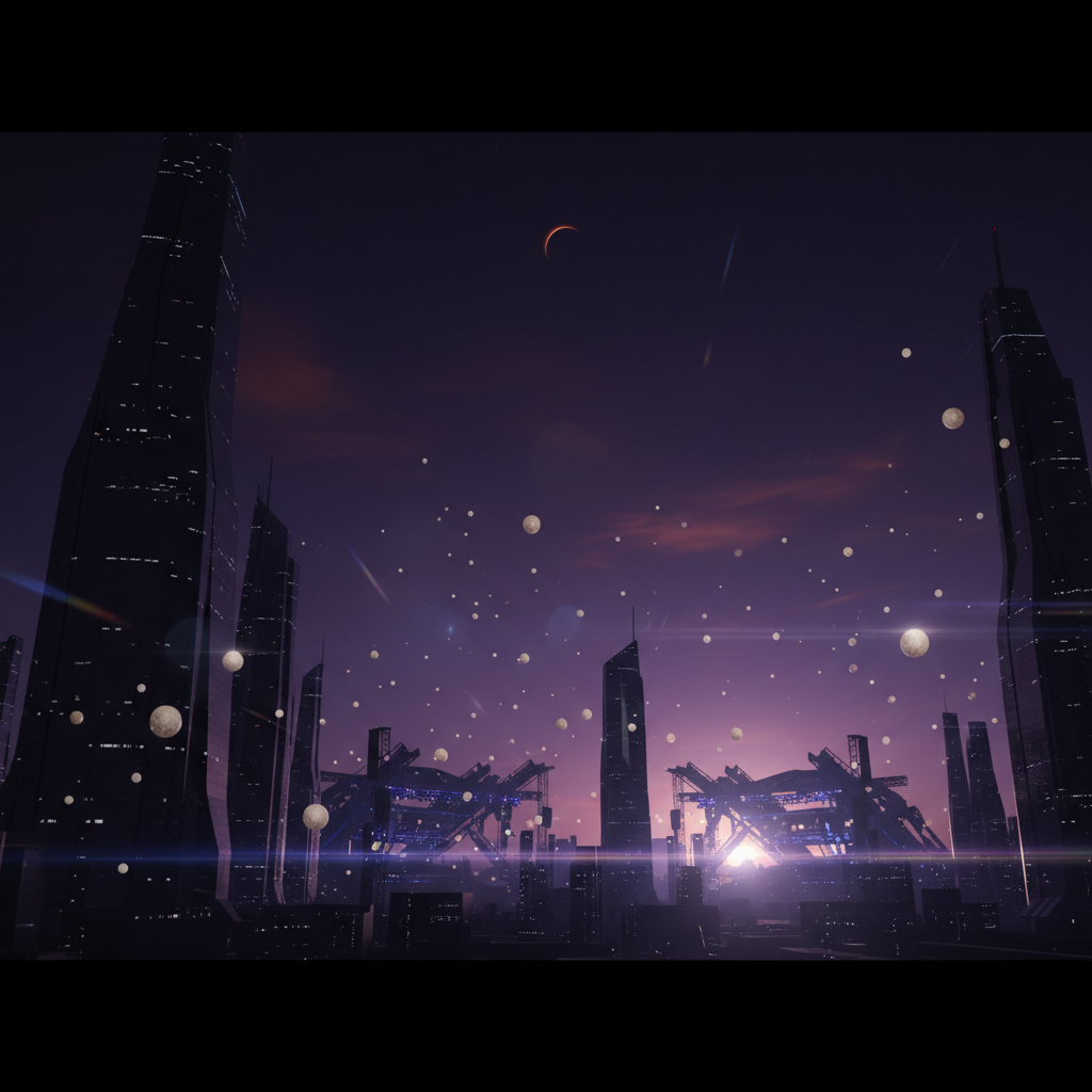 Supporting image of a twilight cityscape with stage silhouettes and light orbs, conveying eclipse mood
