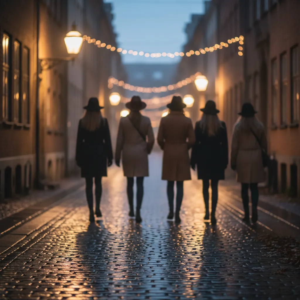 Twilight alley in Copenhagen with silhouettes walking away, conveying anticipation for NewJeans comeback
