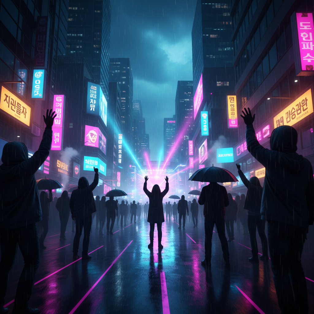 Supporting image of a neon-lit Seoul street at night with silhouettes of crowds and stage lights, setting a vibrant K-pop comeback mood