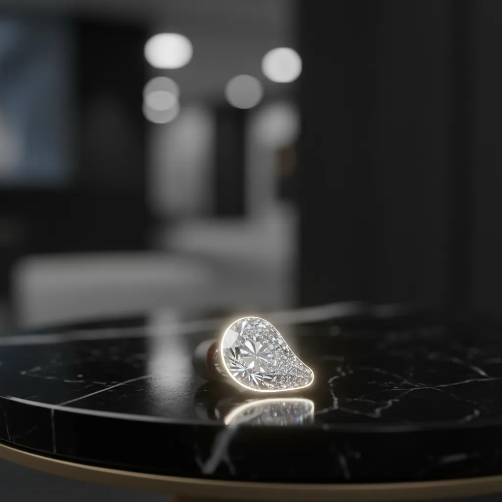 Diamond in-ear on marble surface, emphasizing luxury and style