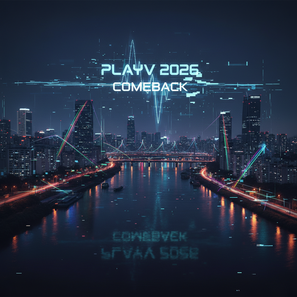 Supporting image showing a tranquil neon-lit Han River at night with digital glitch accents, evoking the mood of PlayV 2026 comeback.