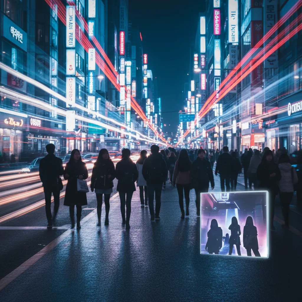 Supporting mood image of a neon‑lit Seoul street at night with silhouettes and light trails, conveying excitement for Le Sserafim’s upcoming second full album