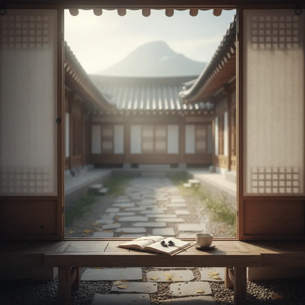 Quiet hanok courtyard with earbuds and notebook, evoking the reflective atmosphere of Park Ji Hoon's album