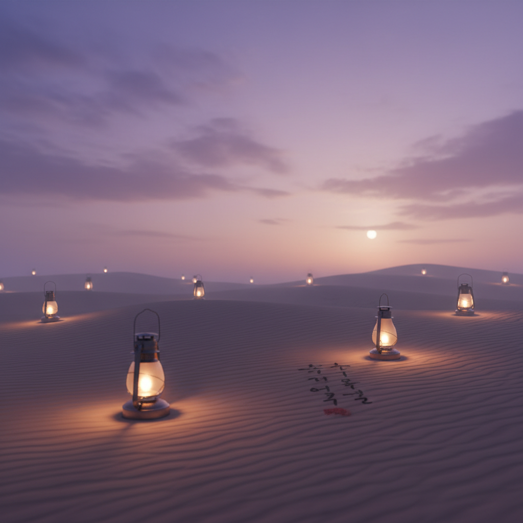 Supporting image conveying the mood of Psy Coachella 2026, a desert night with lanterns and Korean calligraphy