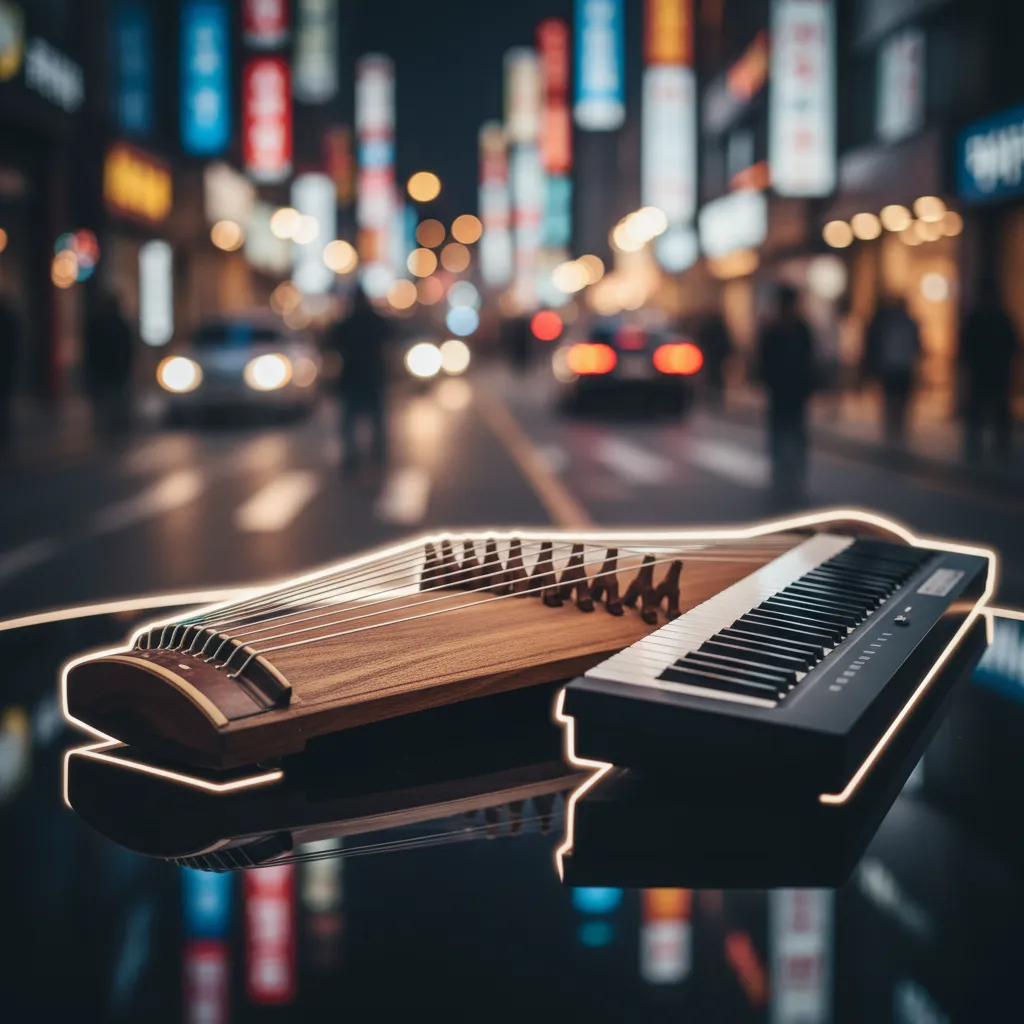 Fusion of traditional gayageum and modern synth, symbolizing the blend of heritage and contemporary sound in BTS Arirang World Tour