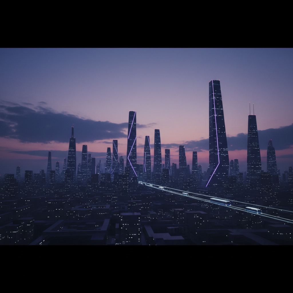 Supporting image of a twilight city skyline with illuminated skyscraper silhouettes and light streaks suggesting tour travel, evoking the global tour mood without showing any people