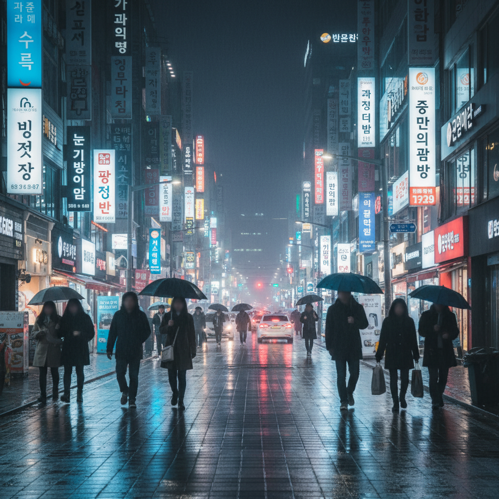 Atmospheric night view of Seoul street, conveying the lively yet impersonal mood of the visa‑free pilot