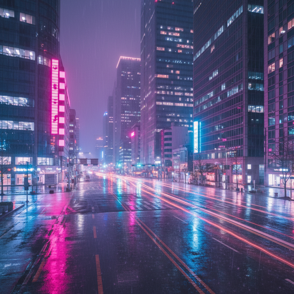 Supporting image of a rainy neon-lit Seoul street at night, evoking the mood of Jimin's 2026 Bloom single.