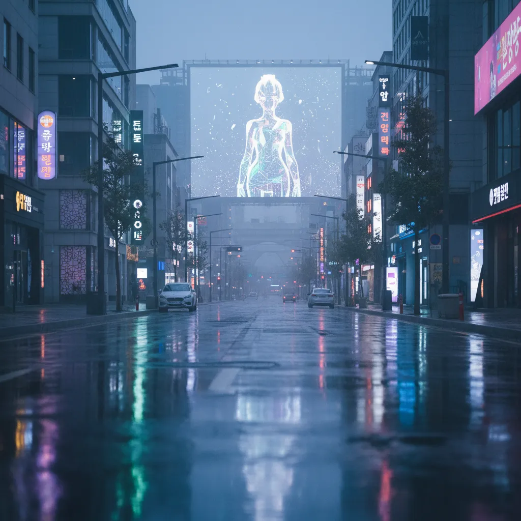 Supporting image of a quiet Seoul street with wet pavement and a holographic virtual idol billboard, reinforcing the theme of virtual idols in contemporary K‑culture