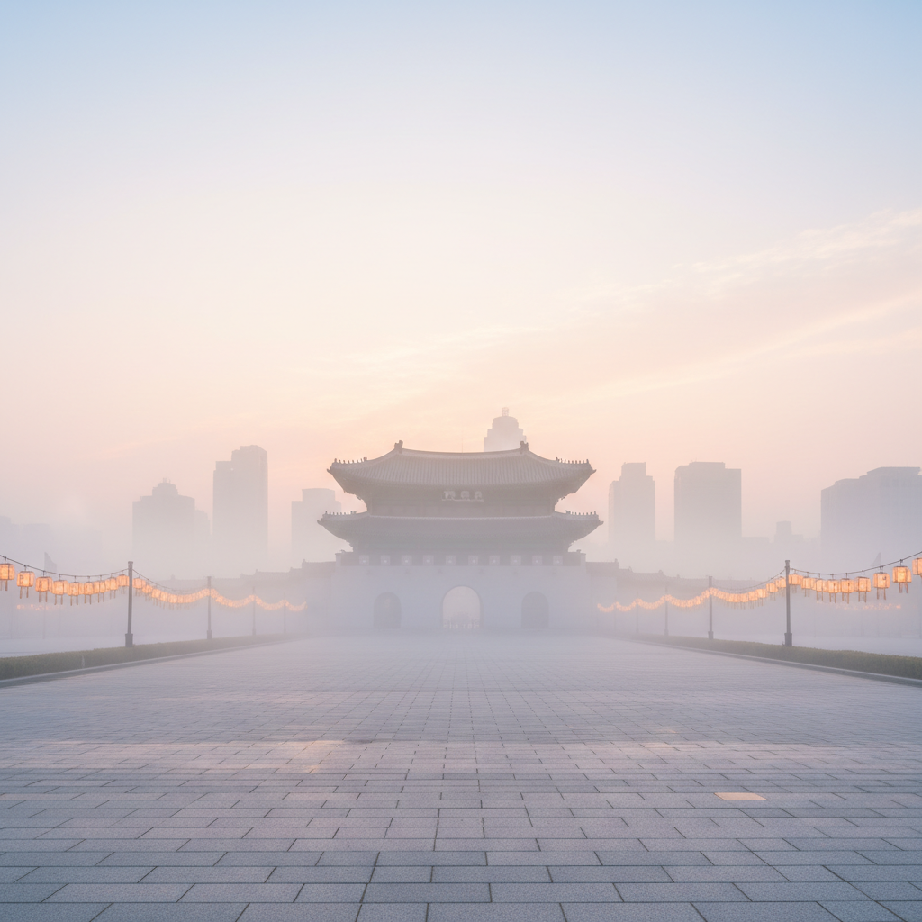 Supporting image of a misty morning at Gwanghwamun with lantern-lit gate and pastel sky, conveying a calm, hopeful atmosphere
