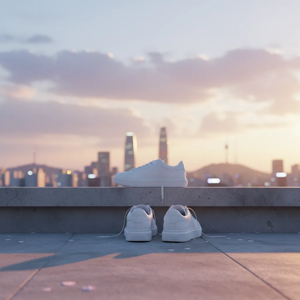 Seoul sunset rooftop with sneakers on rail, conveying the youthful achievement and mood of NewJeans' milestone