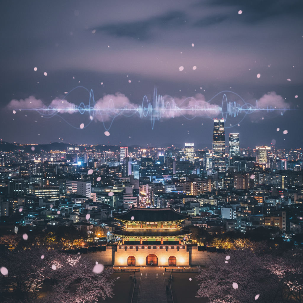 Supporting image of a serene Seoul nightscape with Gwanghwamun gate, cherry blossoms, and musical vibes, highlighting the event mood