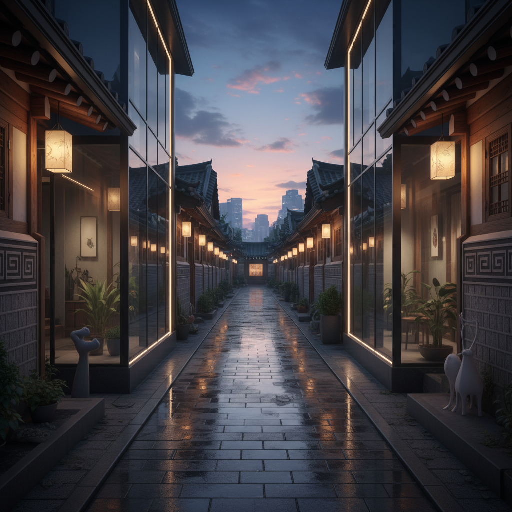 Supporting image of a tranquil Seoul alley blending hanok and modern elements, conveying the mood of K-culture.