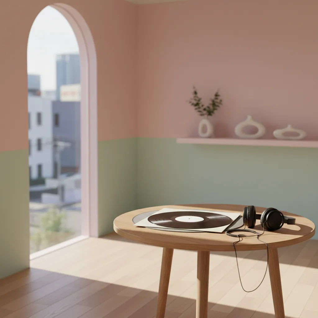 Vinyl record and headphones on a café table in a bright Seoul café, conveying the album's musical theme