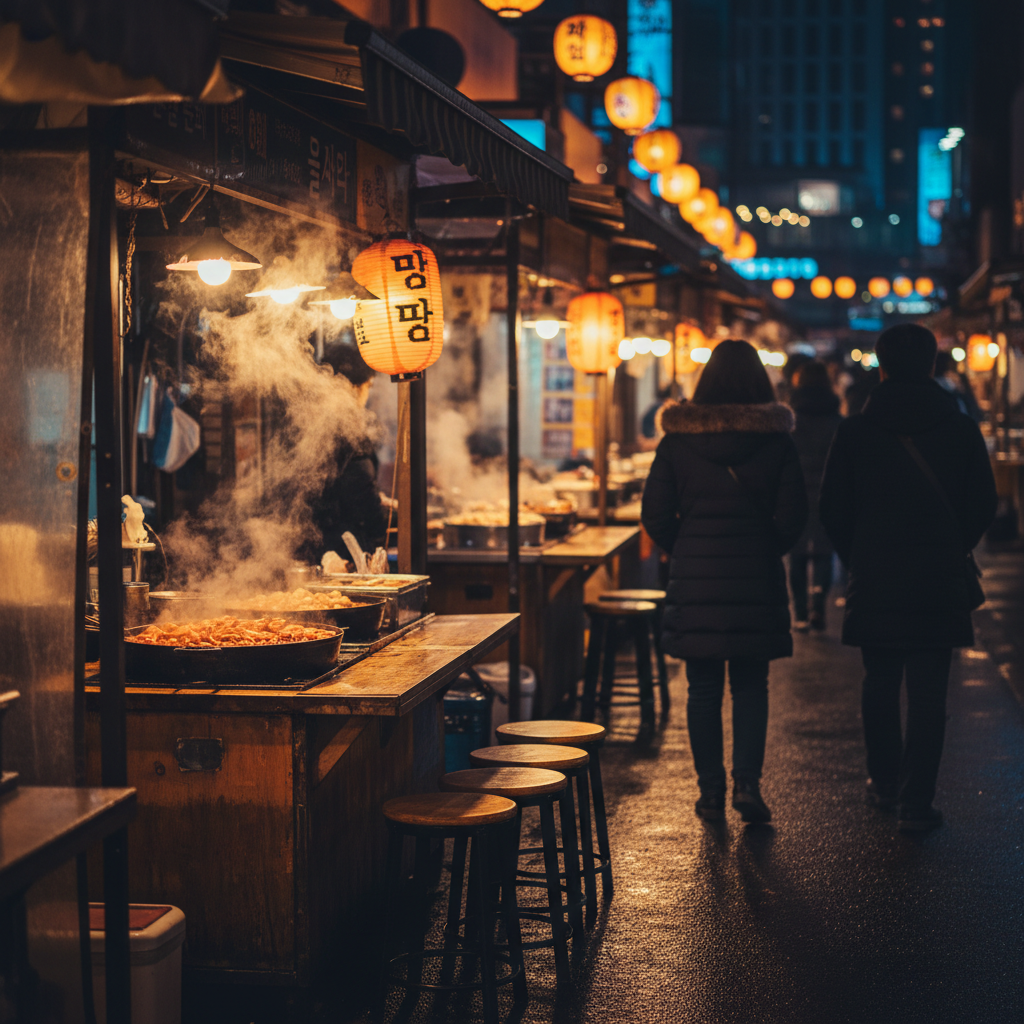 Supporting image of a Korean street food night market atmosphere focusing on tteokbokki cooking, conveying cozy, vibrant mood