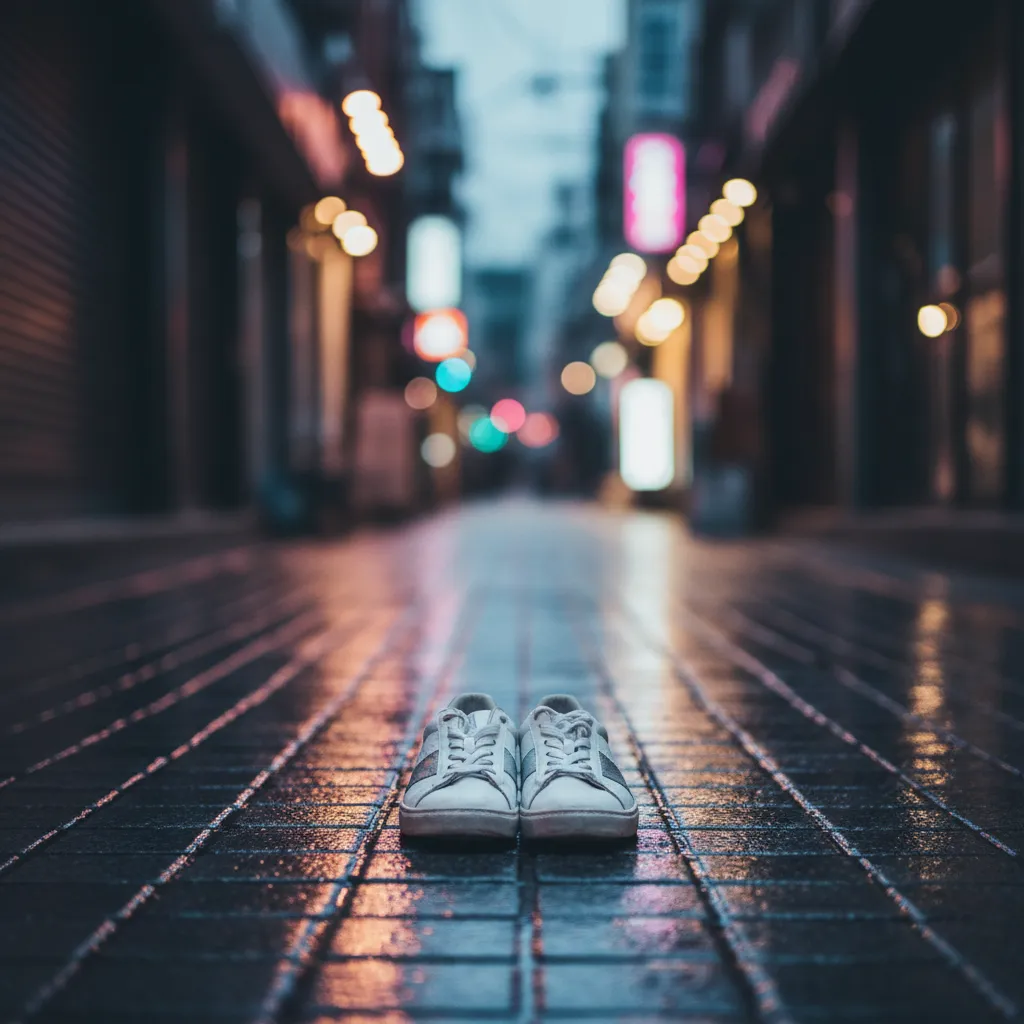 Empty Seoul alley with reflective wet pavement and sneakers, conveying the street‑culture mood of the article