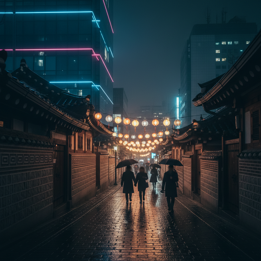 BTS 2026 comeback: Record‑breaking MV, global ‘Arirang’ release and MLB partnership 3 Supporting mood image of a modern Seoul night alley blending traditional and contemporary Korean aesthetics