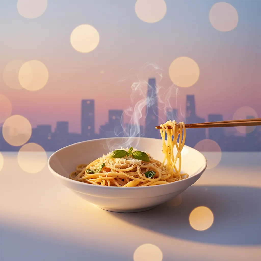 Supporting image of a bowl of steaming spaghetti with chopsticks, evoking Korean modern aesthetics and the song’s theme