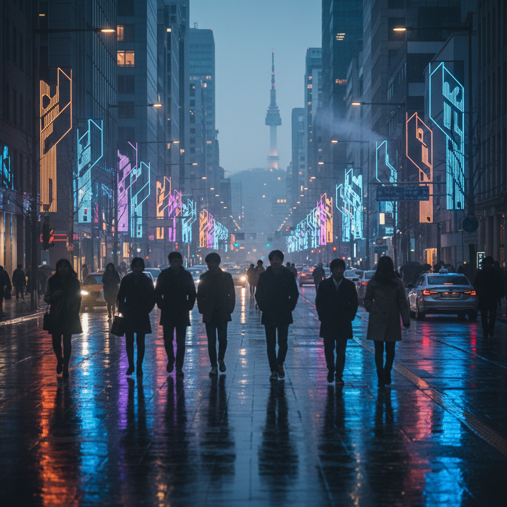 Mood image of a Seoul street at night reflecting the contemporary K-culture vibe