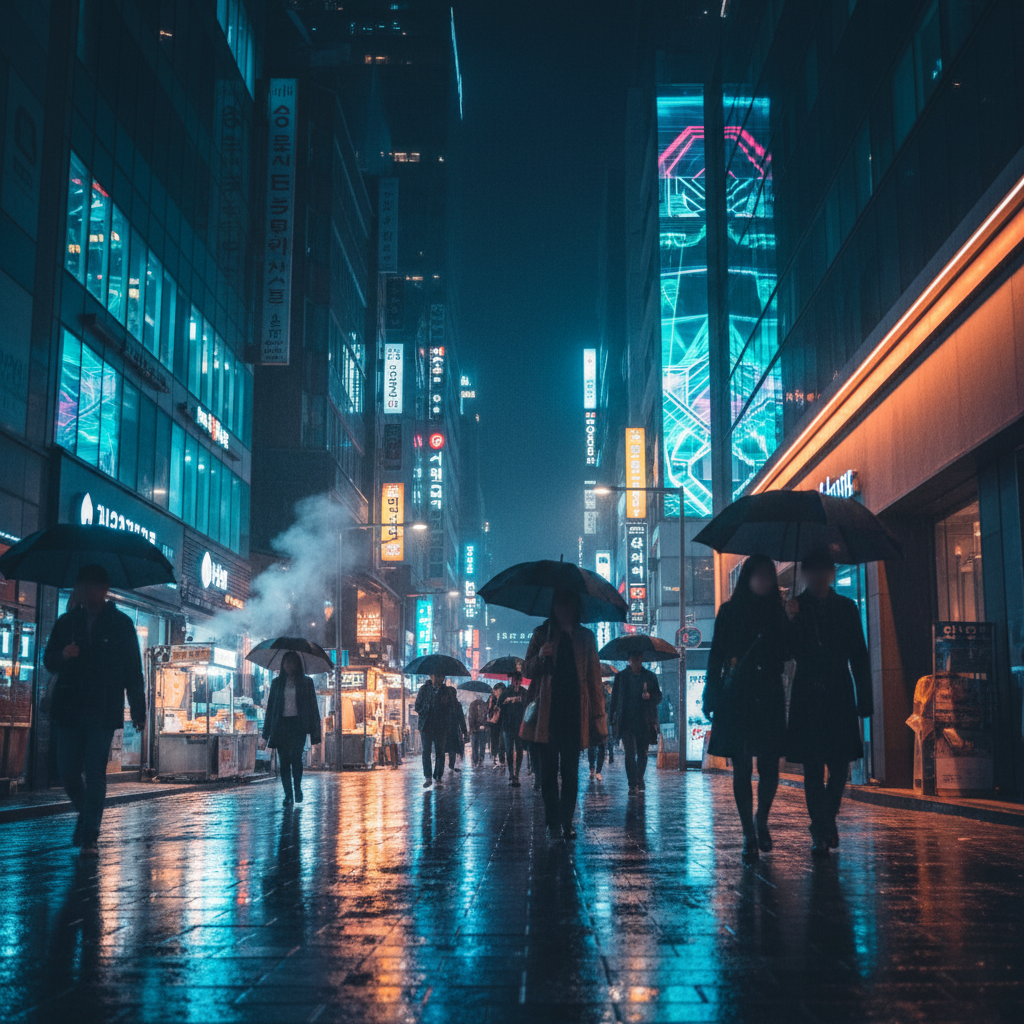 Mood shot of a Seoul street at night with neon reflections and silhouettes, reflecting contemporary K-culture atmosphere