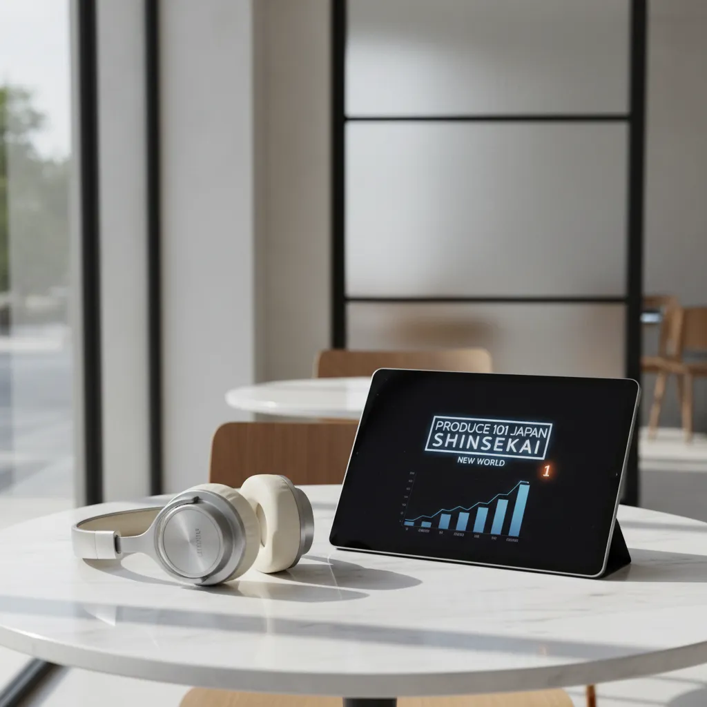 Minimalist studio equipment in a modern Seoul setting symbolizing music chart success.