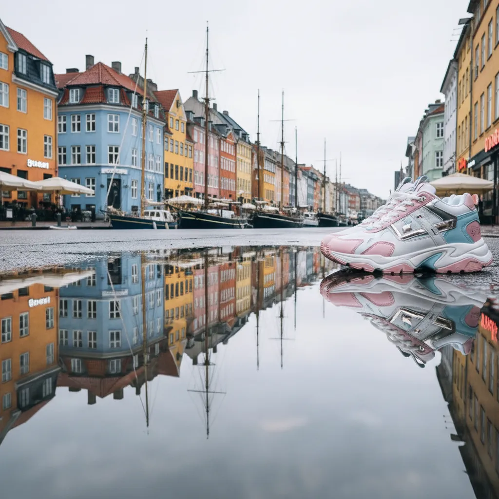 Puddle reflecting Copenhagen canal colors with K-pop sneakers, evoking the Denmark trip mood within a Korean urban setting