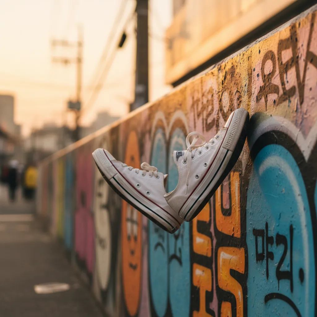 Sneakers on Hongdae wall graffiti, evoking kickflip motion and album theme