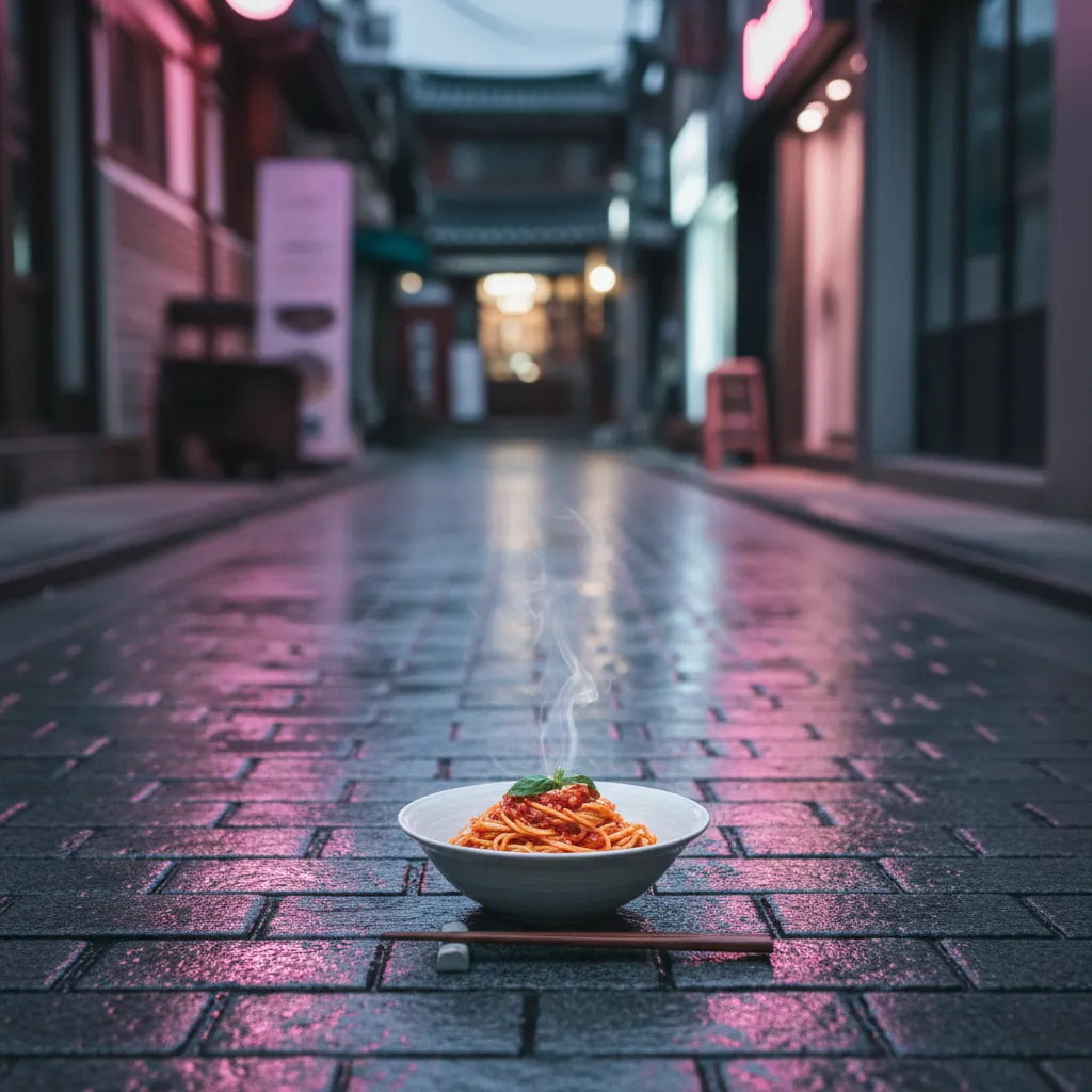 Supporting: Seoul alley with spaghetti bowl and chopsticks reflecting neon lights, conveying K‑culture vibe.