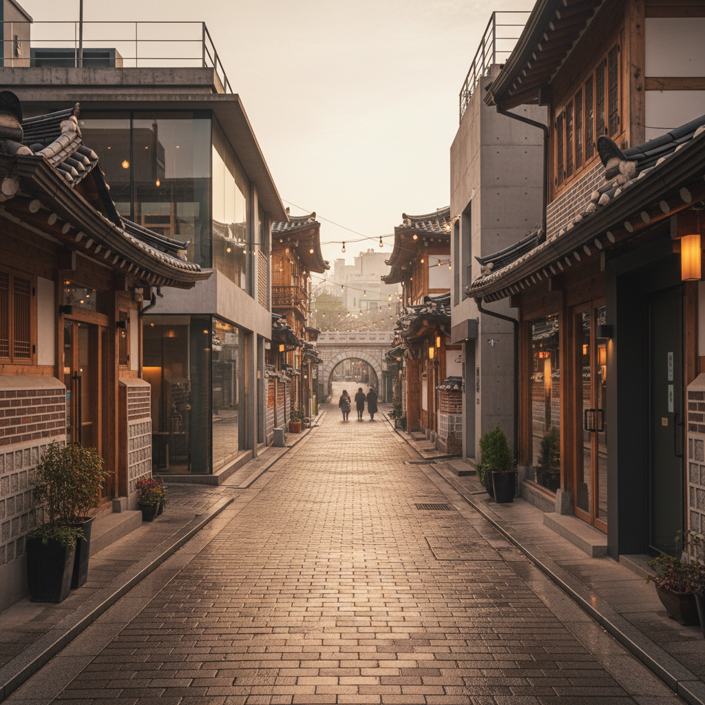 Empty Seoul alley blending tradition and modernity, conveying the cultural context of the story